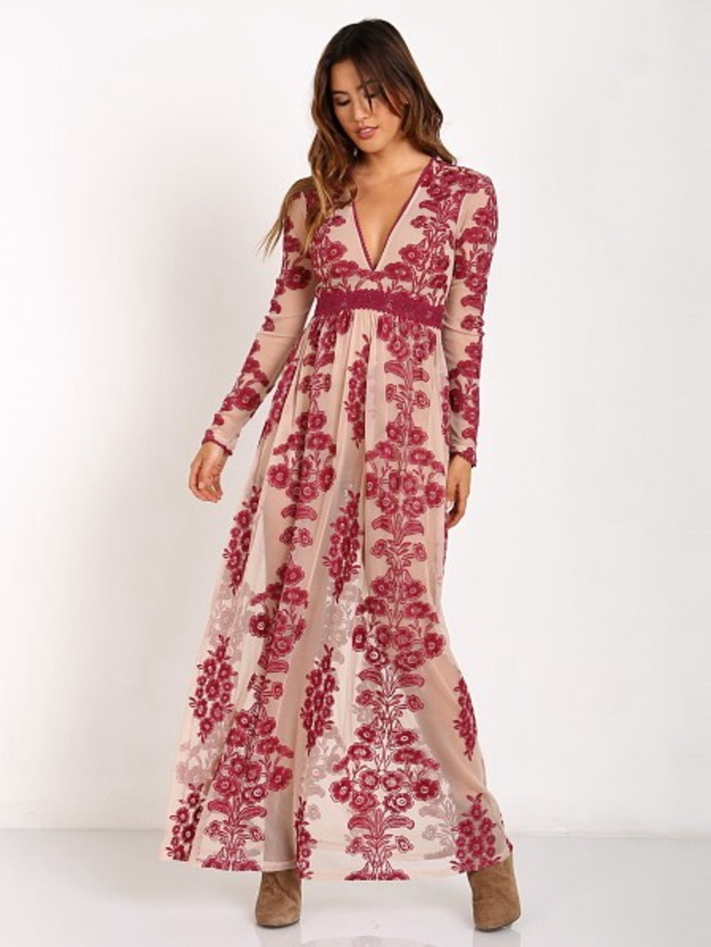 Temecula Dress Red Floral Embroidered Long Sleeve Maxi Dress